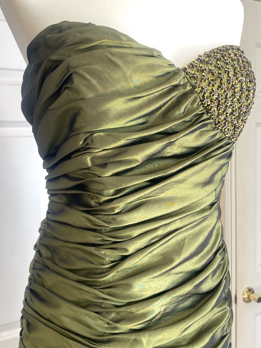 Strapless Olive Ruched Ruffle High-Low Dress - Picture 6 of 14